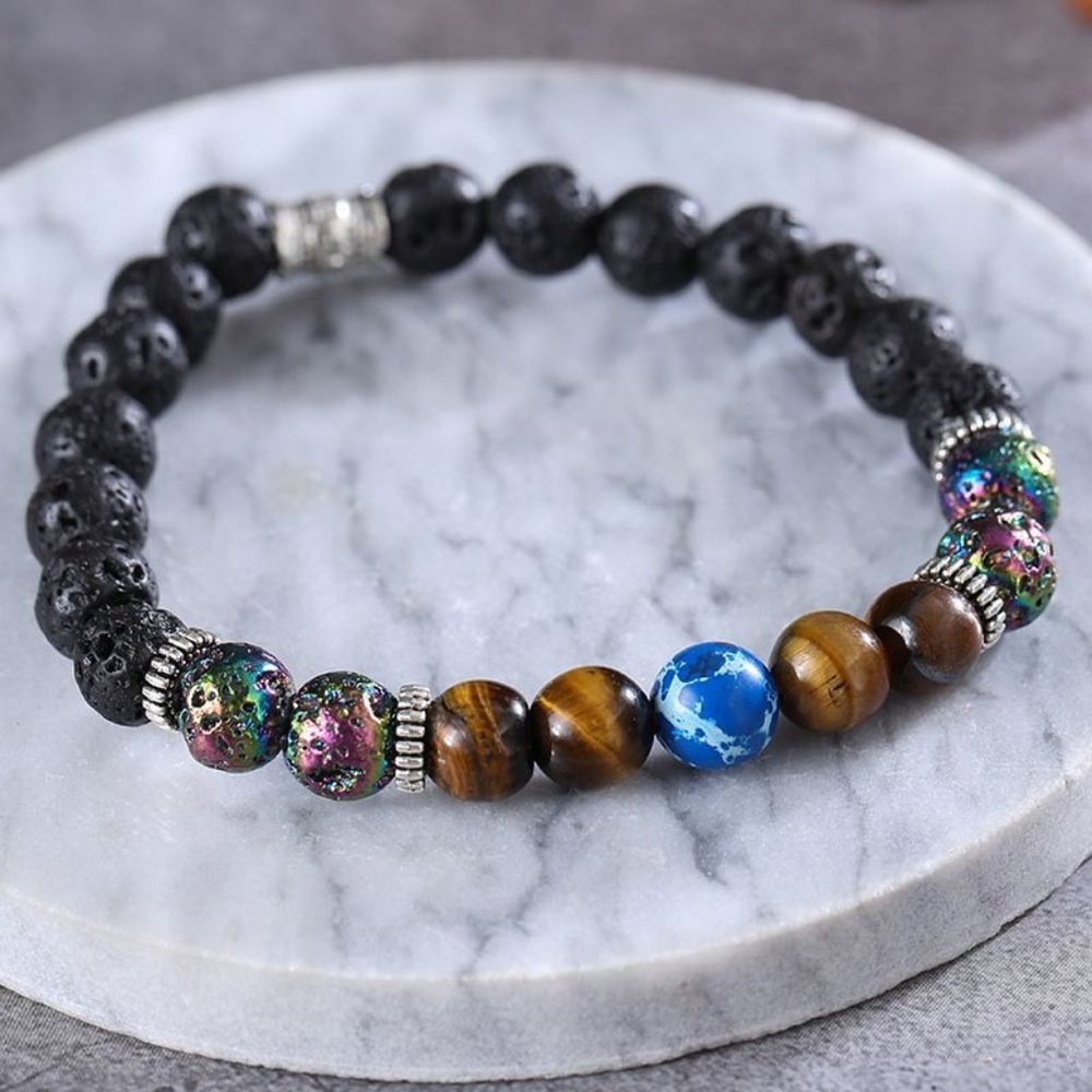 Mens Bracelet Volcanic Rock Tigers Eye Stretch - Picture 3 of 5